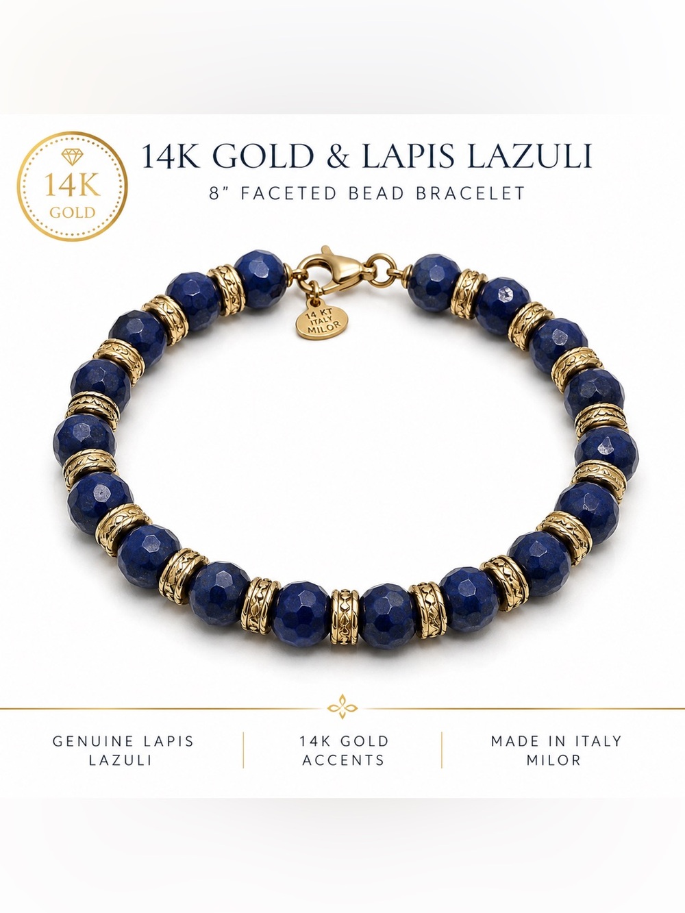 14K Gold & Lapis Lazuli Faceted Bead Bracelet - Blue 8”